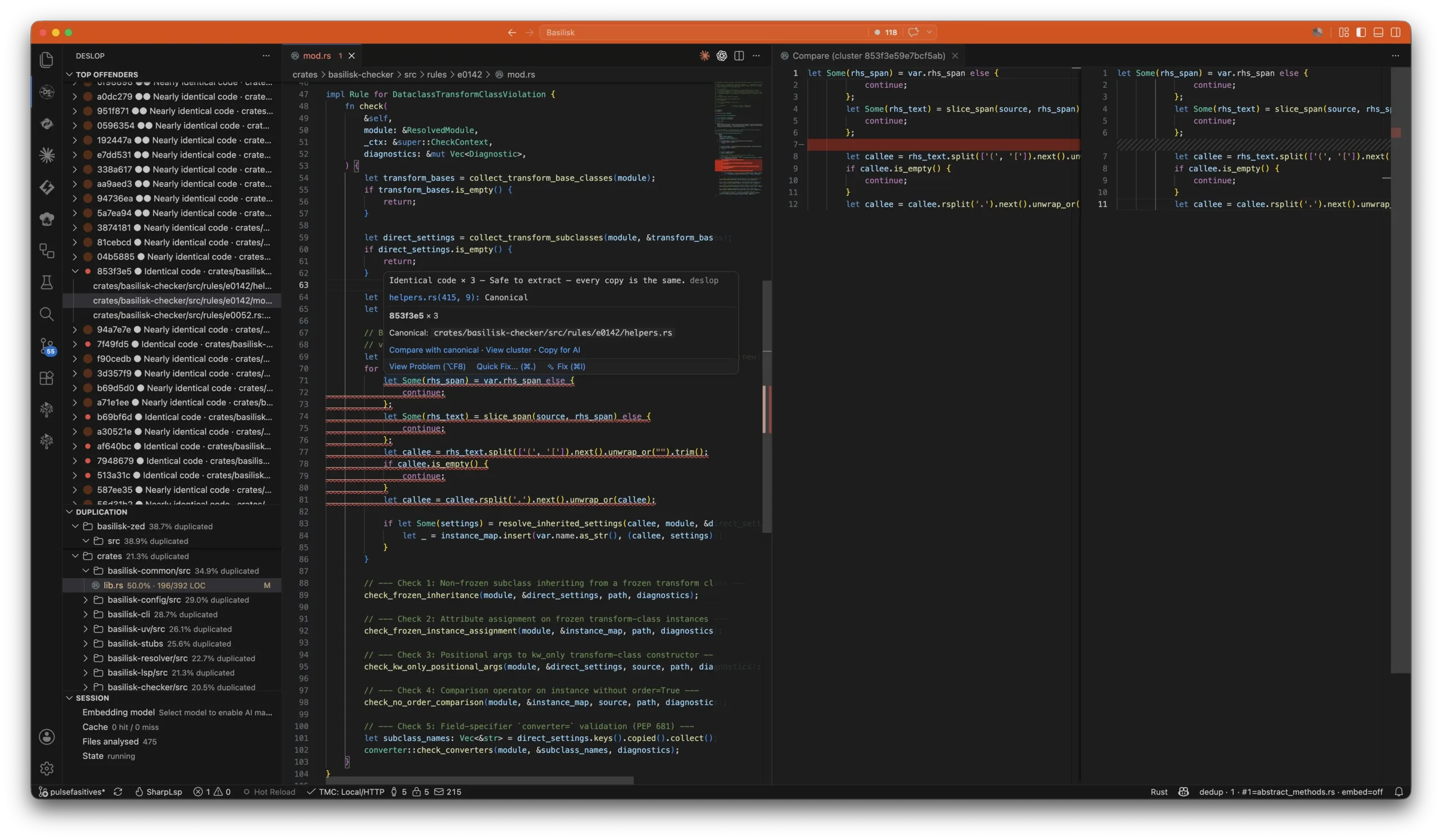 Deslop in VS Code showing top duplicate-code offenders, an inline clone warning, and a side-by-side comparison
